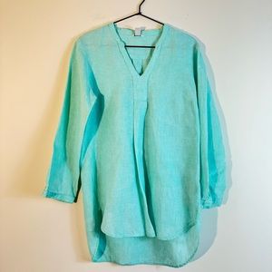 LL Bean 100% Linen Turquoise Popover Long Sleeve Blouse Size S
